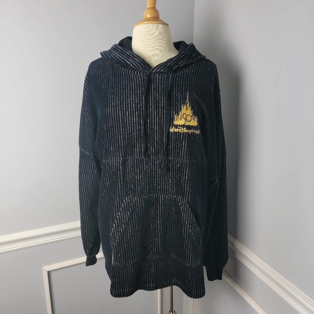 WALT DISNEY WORLD 50th Anniversary Black Velour Gold Pin Stripe Pull Over Hoodie